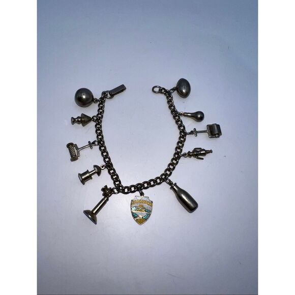 Vintage Charm Bracelet 11 Charms Travel Lamp Mower Football Telephone Light Bulb - Picture 1 of 7